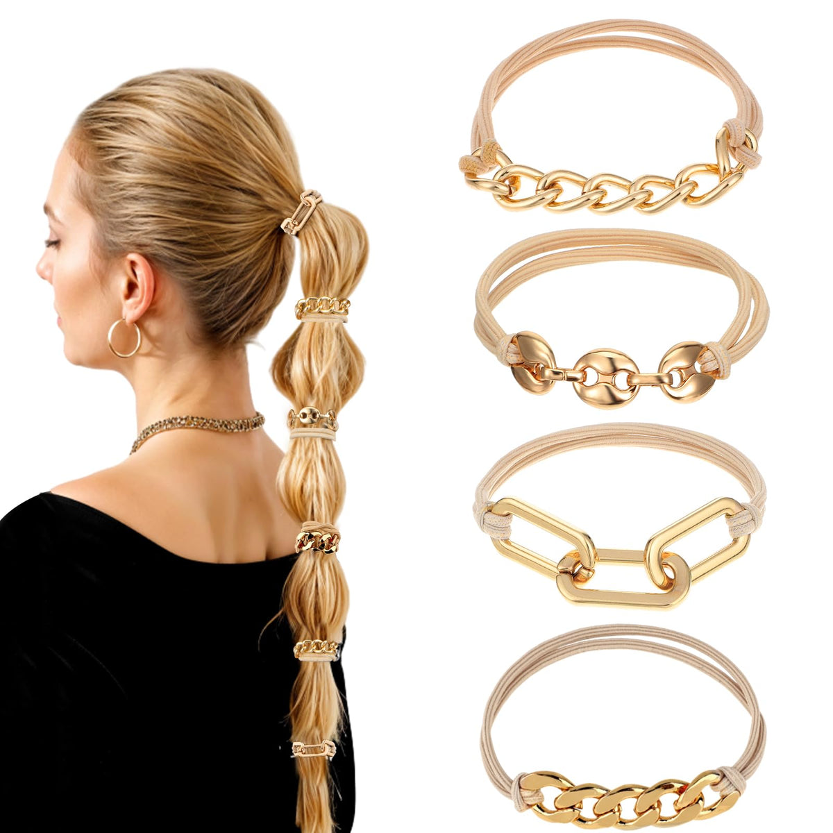 Ouligay 4 Pcs Gold Hair TiesMetal Hair Tie Bracelets for WomenElastic Gold Ponytail Holders with Metal ChainNo Damage Scrunchies with Gold JewelryGold Hair Accessories for Women