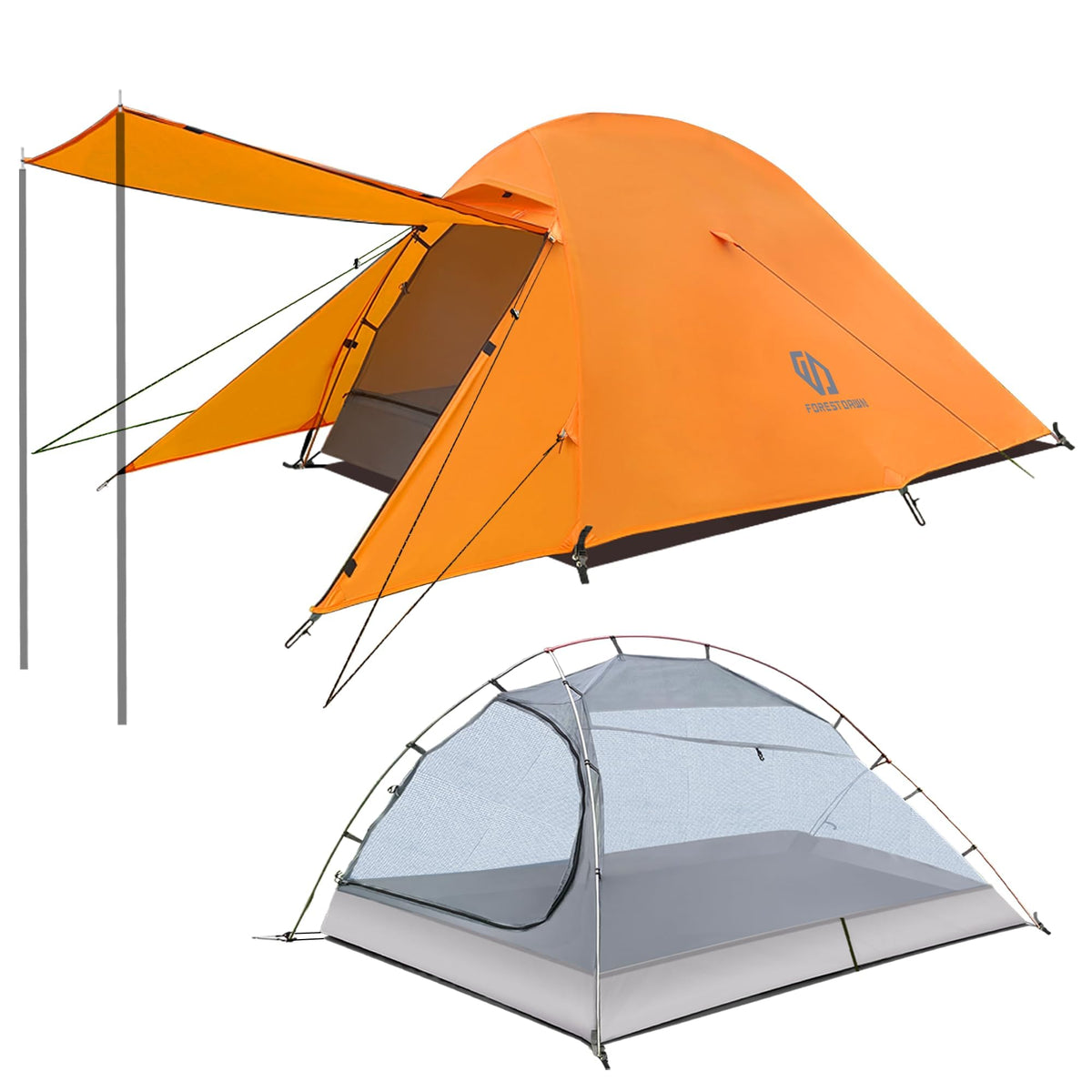 ForestDawn Backpacking Tent for Camping 2 Person 3 Season Lightweight Waterproof PU5000mm with Footprint & Porch Ultralight Easy Setup Double Layer Outdoor Trekking Hiking Mountaineering Orange
