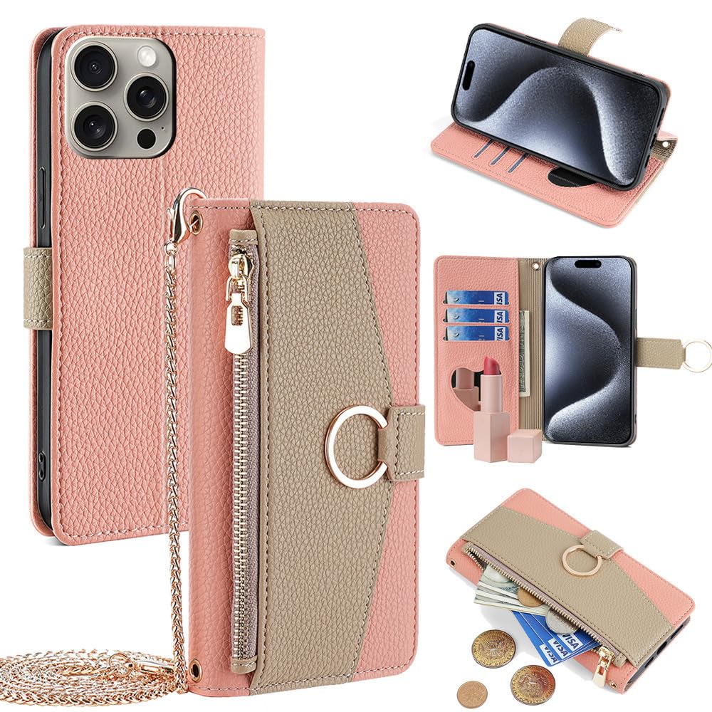 LUVI Compatible with iPhone 16 Pro Max Wallet Case PU Leather Card Holder Mirror Lanyard Crossbody Stand Kickstand Ring Fashion Protection Shockproof Cover for Women Girls Man -Pink