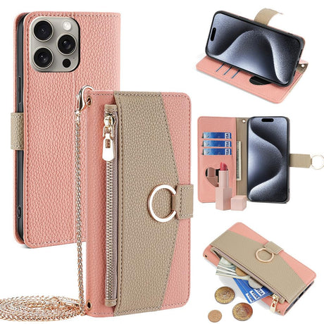 LUVI Compatible with iPhone 16 Pro Max Wallet Case PU Leather Card Holder Mirror Lanyard Crossbody Stand Kickstand Ring Fashion Protection Shockproof Cover for Women Girls Man -Pink