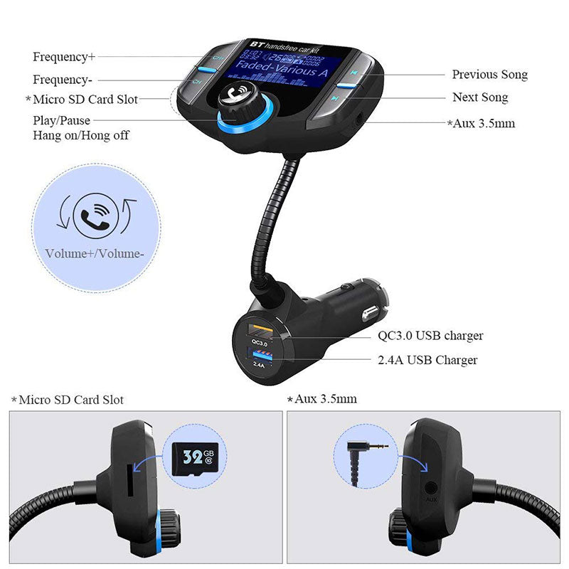 Bluetooth FM Transmitter Car Adapter with Fast Charger