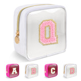 Personalized Initial Letter Clear Preppy Makeup BagMini Nylon Chenille Letter Cosmetic Bag Cute Zipper Pouch Purse for Teen GirlsPortable TSA Approved Beach Travel Essentials Bag Gift for WomenQ
