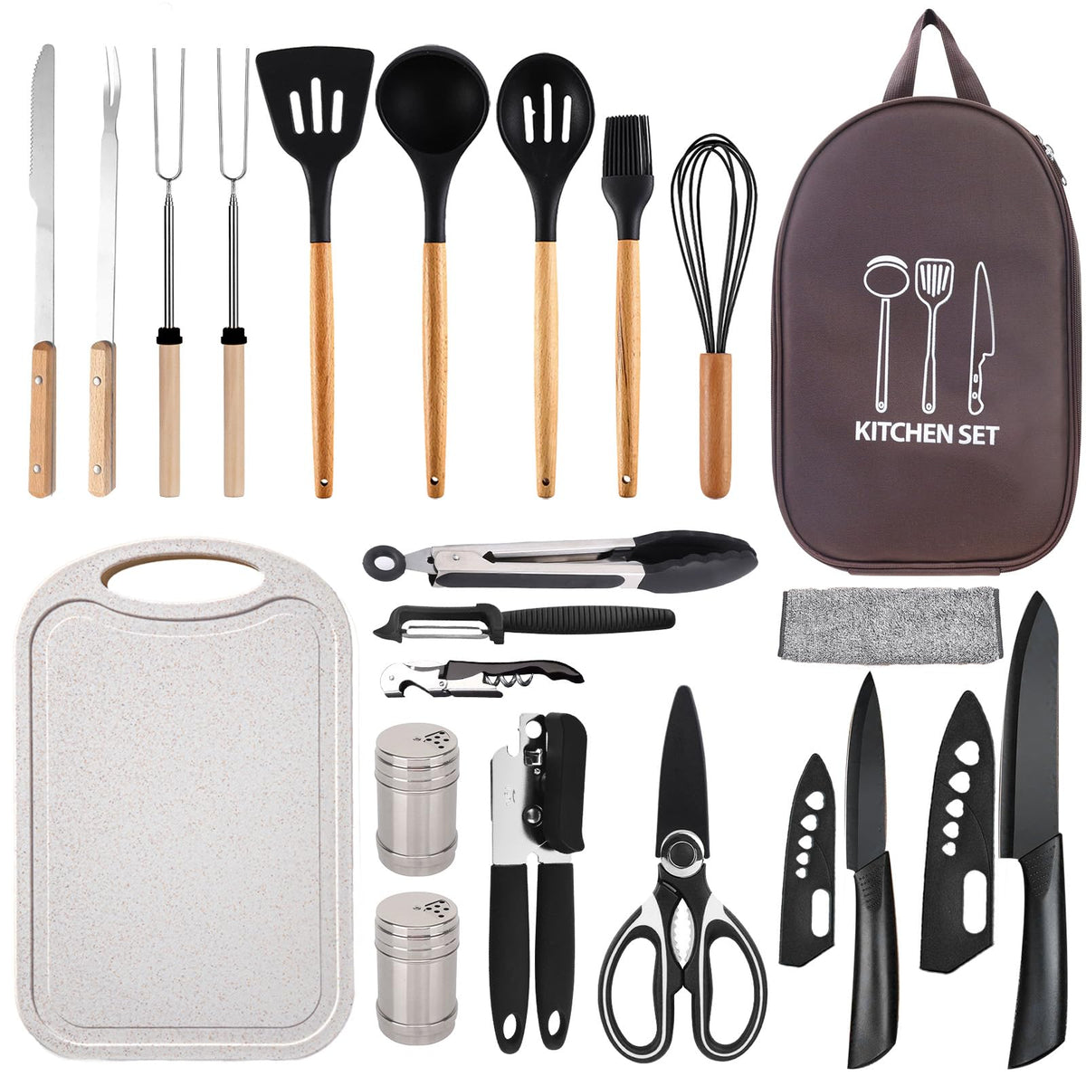 Pansyling Silicone Camping Cooking Set with Storage Bag RV Camping Must Haves Car Camping Essentials Camper Accessories Camping Kitchen Cooking Utensil for Picnic Hiking Travel