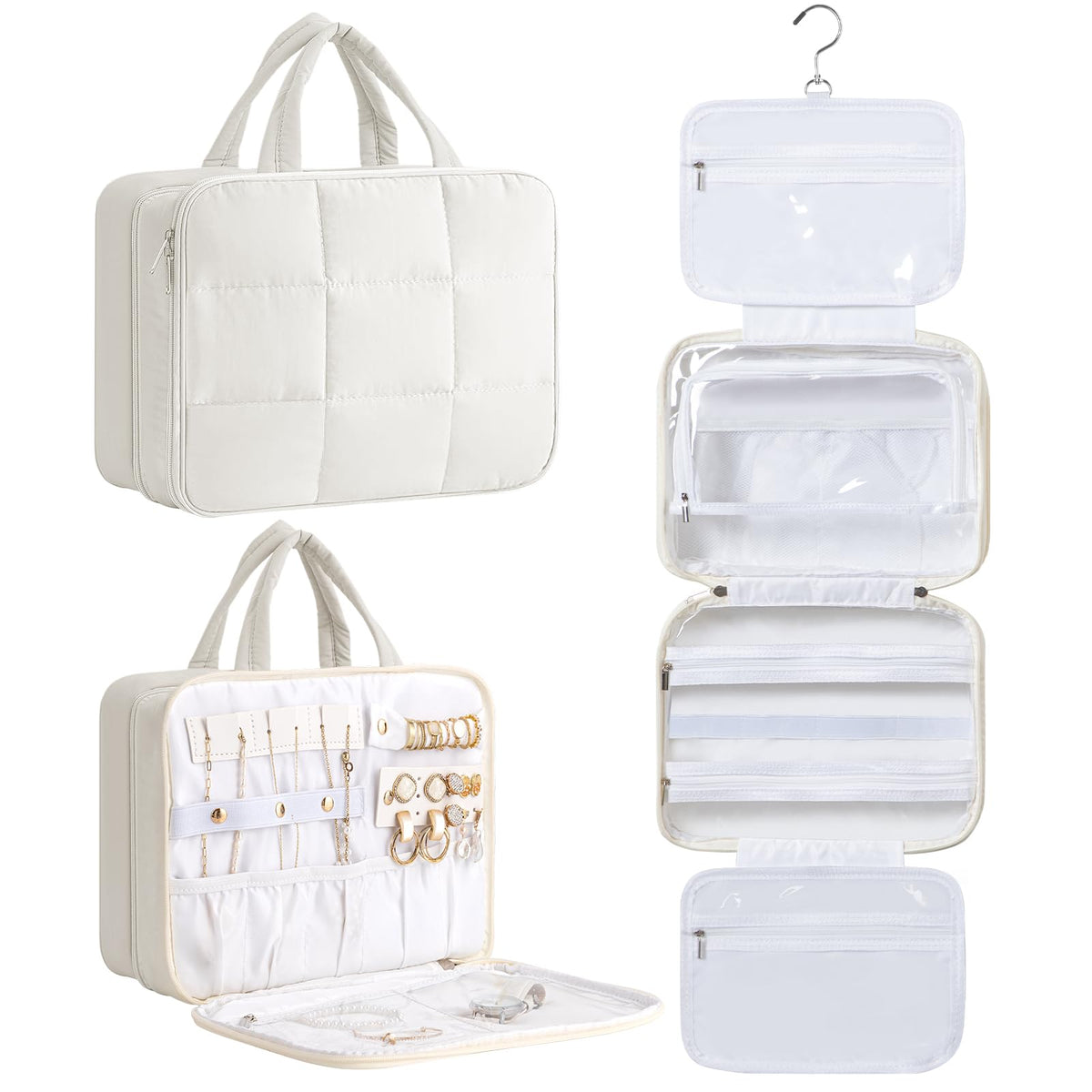 HBlife Travel Toiletry Bag with Jewelry Organizer for Women Puffy Hanging Travel Bag for Toiletries with Trolley Belt Waterproof Makeup Cosmetic Bag Travel Accessories Essentials(Beige M)