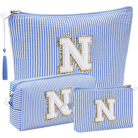 Initial Gifts Travel Cosmetic Makeup Pouch Bags Sets for Purse Stoney Clover Dupes Pouch Makeup Bag Personalized Cosmetic Bags Set for Women Make up Bag for Teen Girls 13 14 15 16 17 (N Blue)
