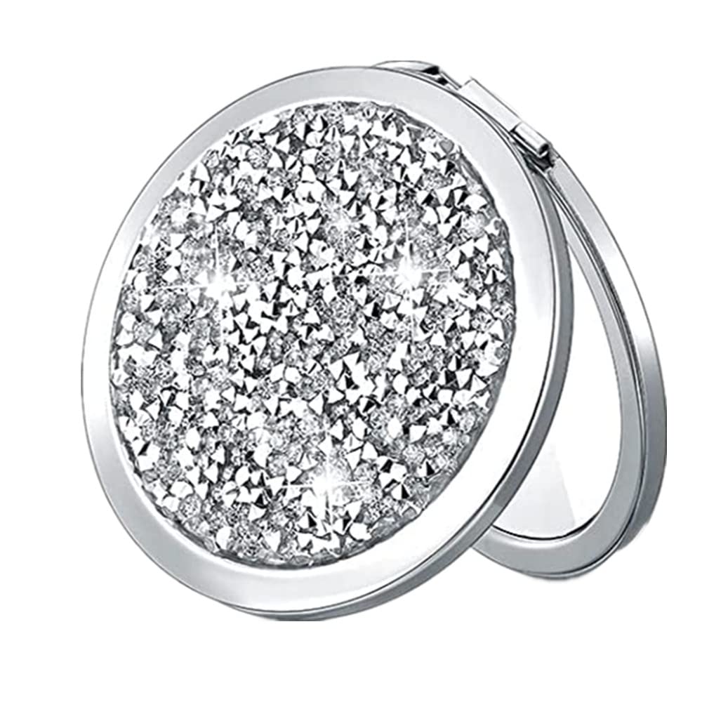 mpowtech Magnifying Silver Compact Mirror - Mix Diamond Mirror 1x/2x Magnification Travel Makeup MirrorDouble Sided Small Pocket MirrorFolding Purse MirrorCosmetic Mirror for Gift
