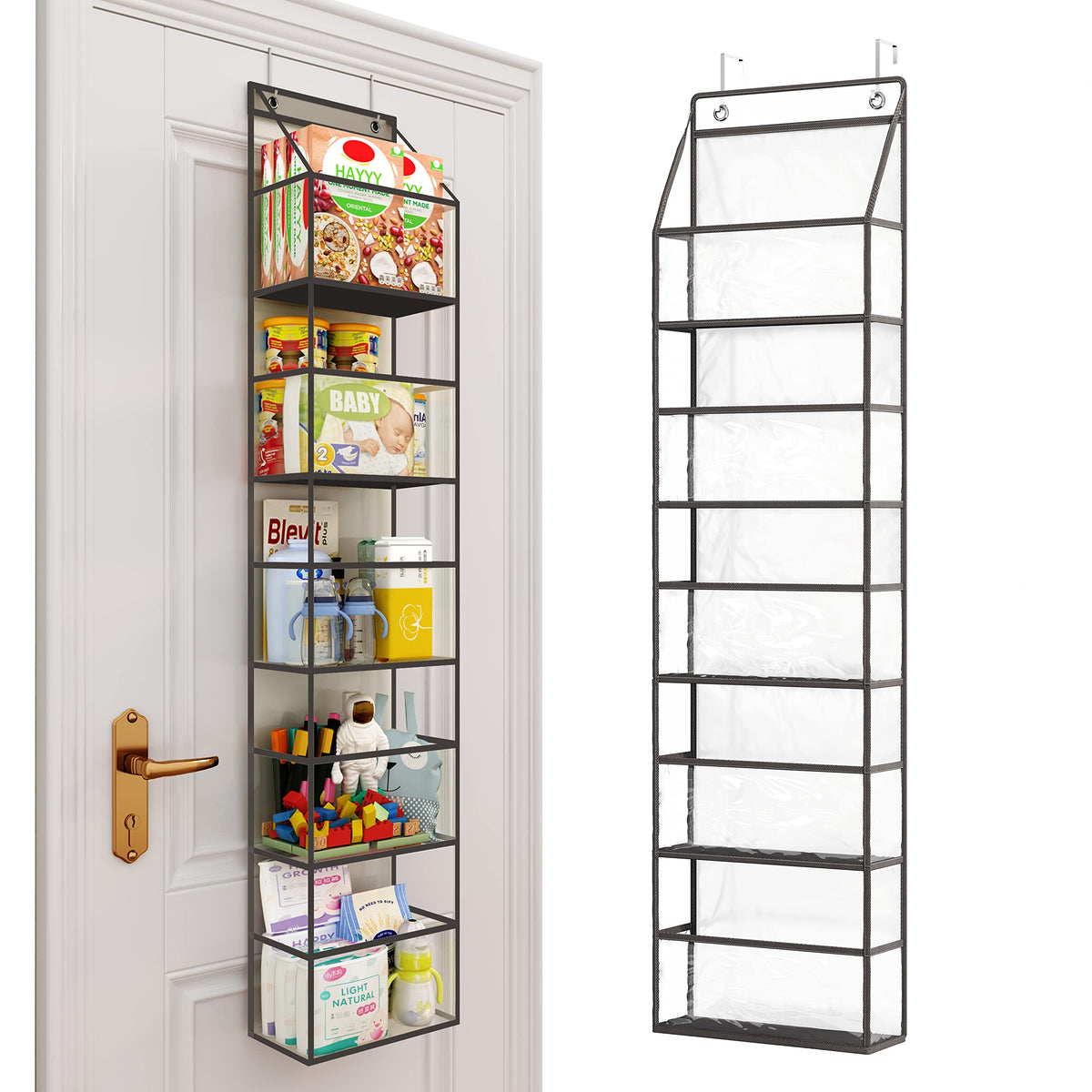 Fixwal Over The Door Hanging Pantry Organizer 5-Shelf Room Organizer with Clear Plastic Pockets Behind The Door Storage Organizer Large Capacity Organizer for Closet Bedroom Bathroom (Grey)