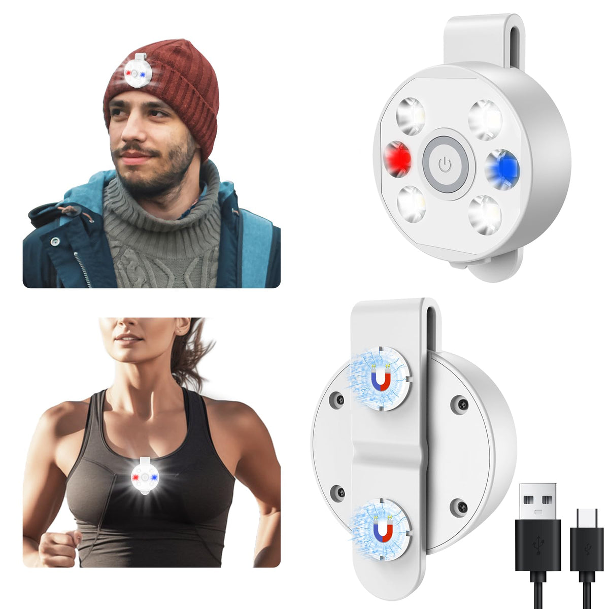 Clip On Flashlight Work Light With Magnet Beanie Hat & Skull Cap Running Lights For Runners Safety Light Warning For Night Walking Headlamp Rechargeable LED Wearable Light For Vest Camping-White
