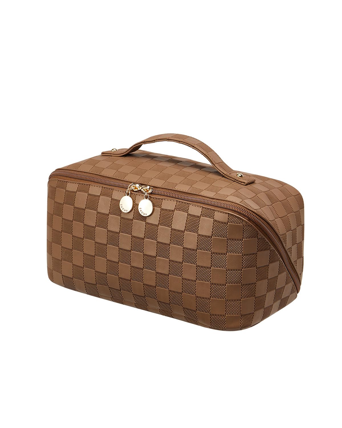 EACHY Travel Makeup Bag Large Capacity Cosmetic Bags for Women Waterproof Portable Open Flat Toiletry Bag Make up Bag with Divider and Handle Christmas Gifts (LD-Brown Large)