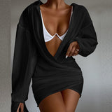 Deep V-neck Solid Color Long Sleeve Mini Dress