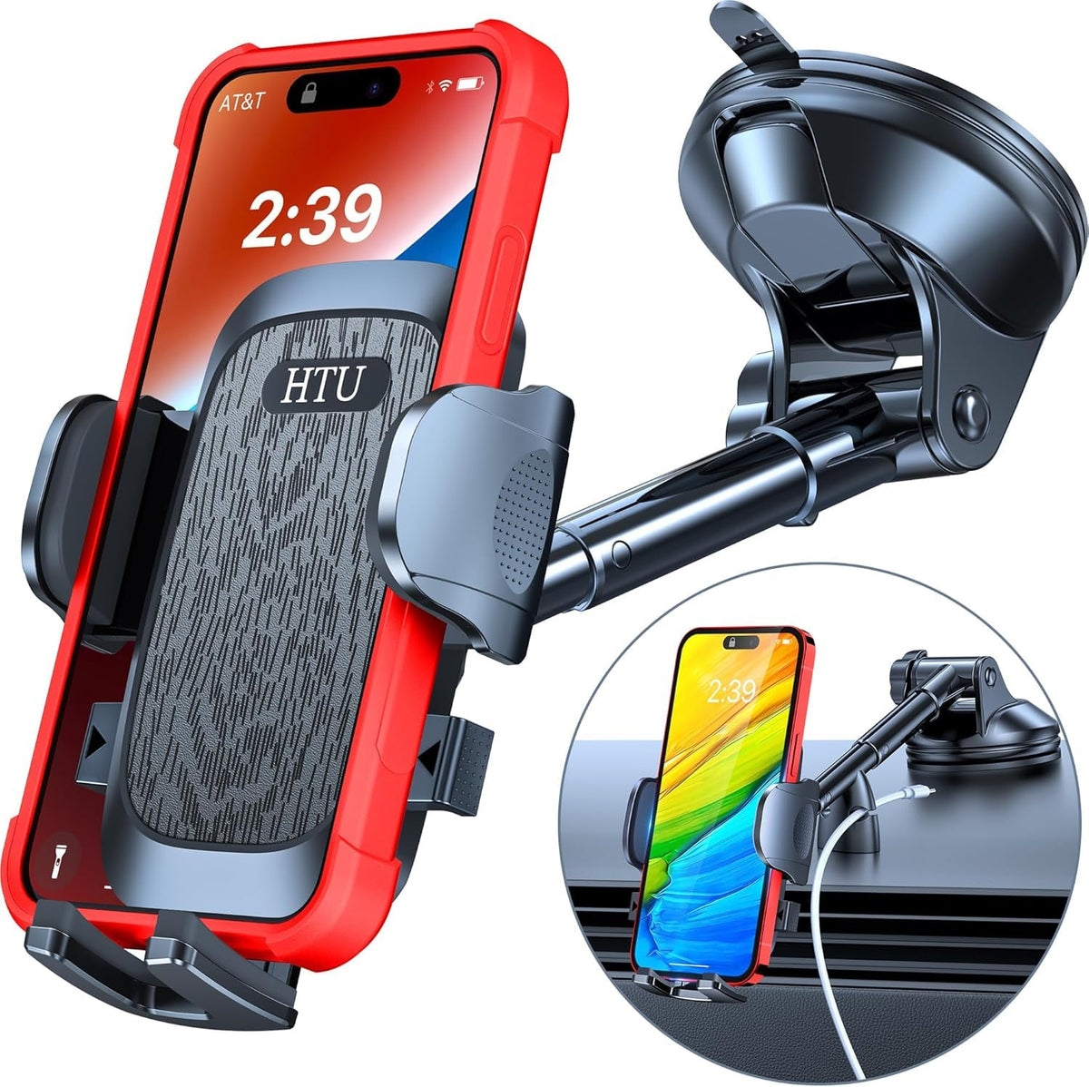 HTU【2024 Newest & Strongest Military-Grade Cert Car Phone Holder Mount【Over 60LBS Suction】 Dashboard Windshield Cell Automobile Cradles Truck Hook Vent for iPhone 15 Pro Max