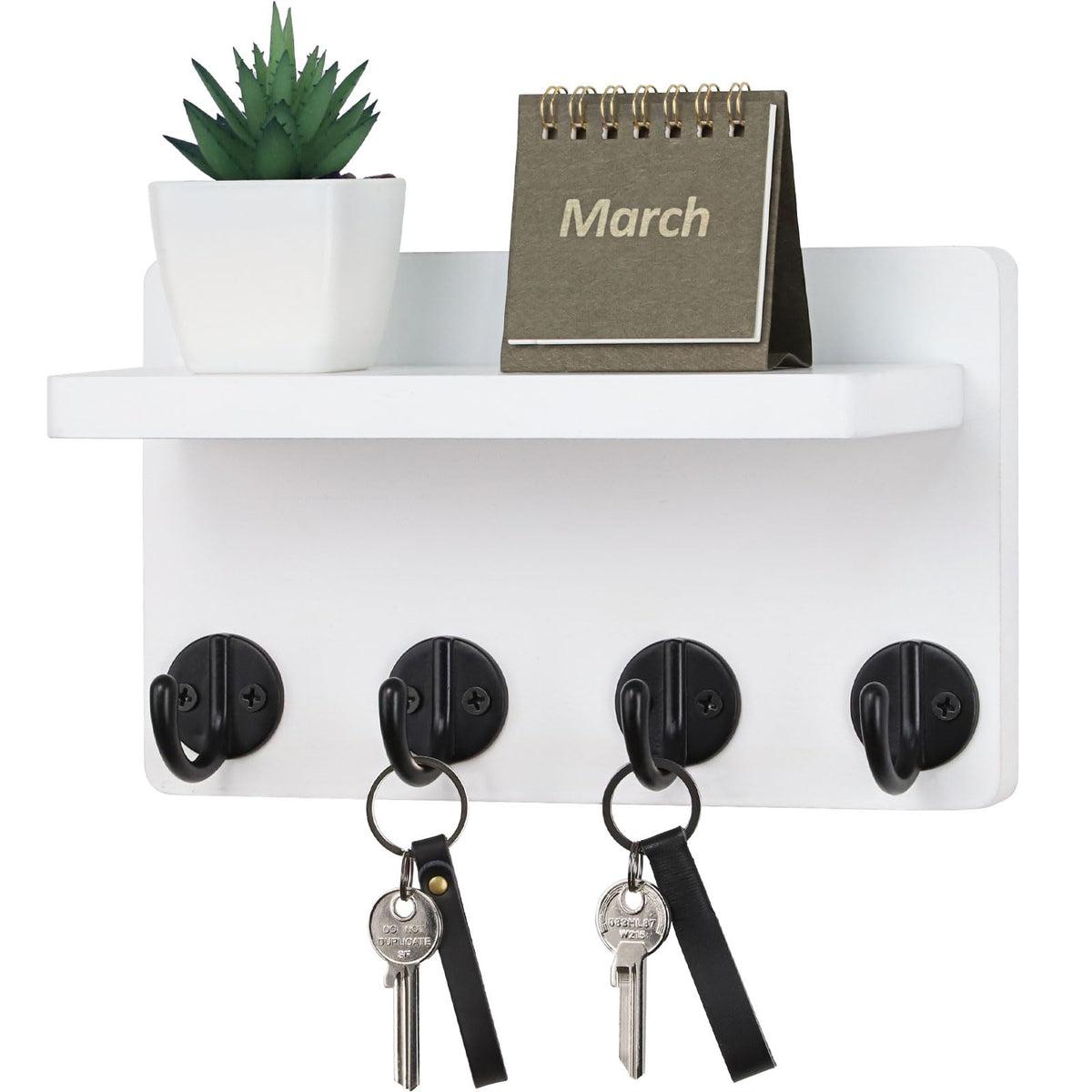 Nekon Key Holder Wall Mount 8.5 Inch Small Home Decor Wooden Wall Organizer with 4 Hooks and Shelf Wall Decor for Living Room Entryway Kitchen (White)