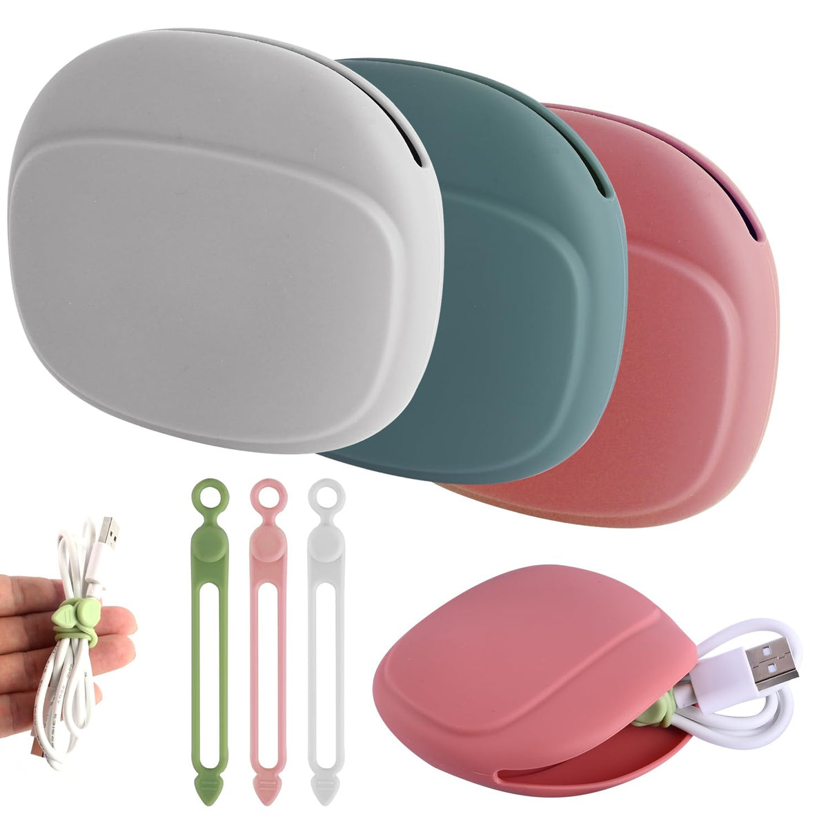 3PCS Silicone Headphone Organizer with 3PCS Silicone Cable Ties Abnaok Data Cable Storage Case Portable Wired Headphone Organizer Reusable Cable Straps for Home or Workplace
