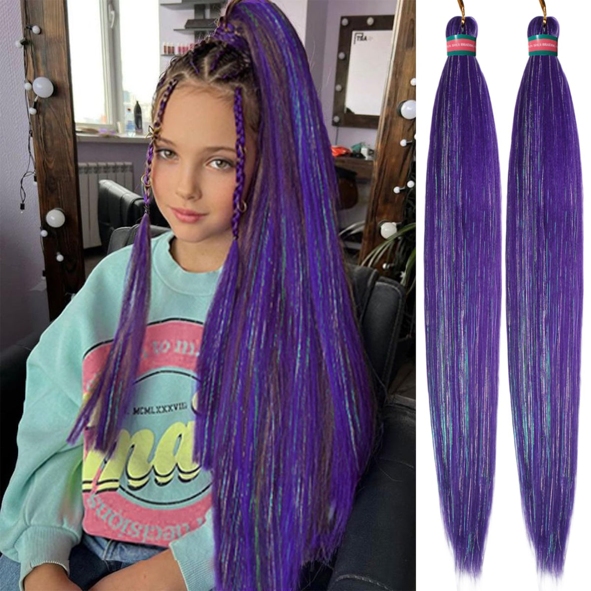 RUN SHUI Dark Purple with Tinsel Pre stretched Braiding Hair 2 Packs Pre feathered Braid Hair Extensions 30 Inches Hair Braids