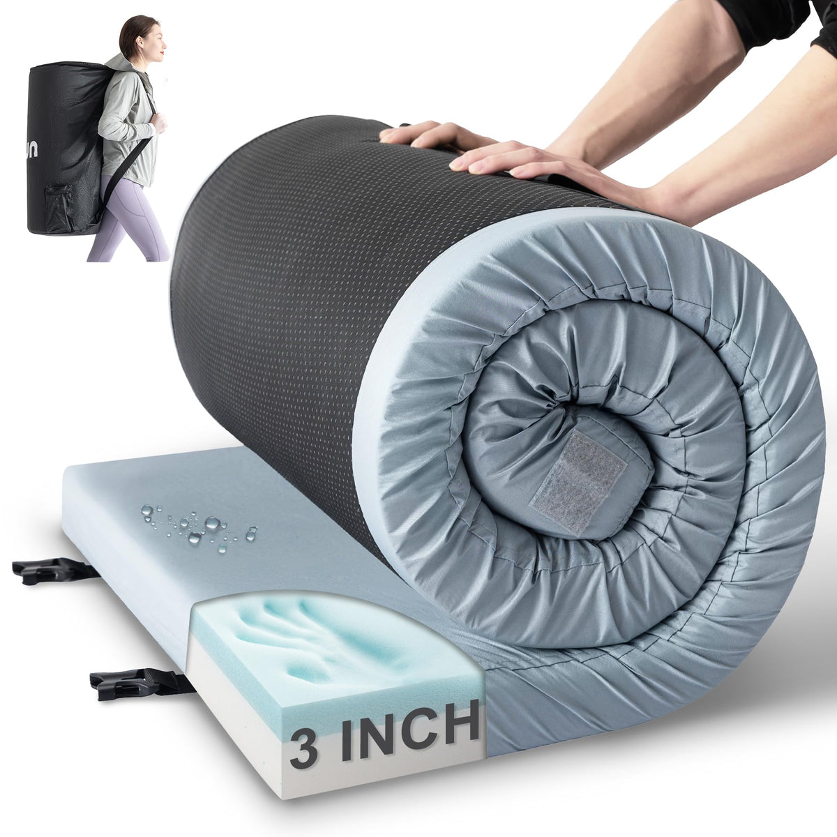 Kingfun Memory Foam Camping Sleeping Pad CertiPUR-US Camping Mattress Waterproof Roll Up Mattress Guest Bed Thick Floor Sleeping Mat for Car Truck Tent for Adults with Travel Bag