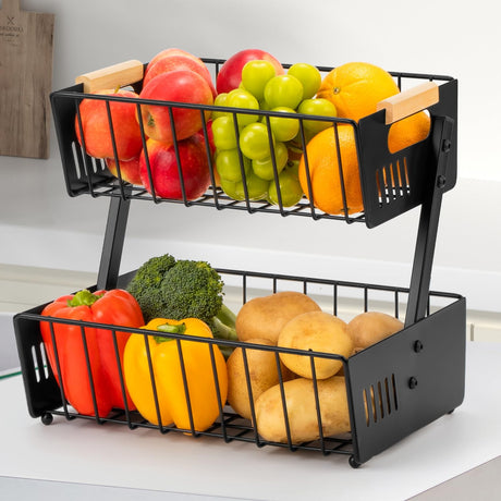 Wetheny 2 Tier Fruit Basket Bowl for Kitchen Counter Detachable Metal Organizer for Bread Snack Produce with Wooden handle Large Capacity Kitchen Counter Organizer Fruit Vegatable Storage Basket