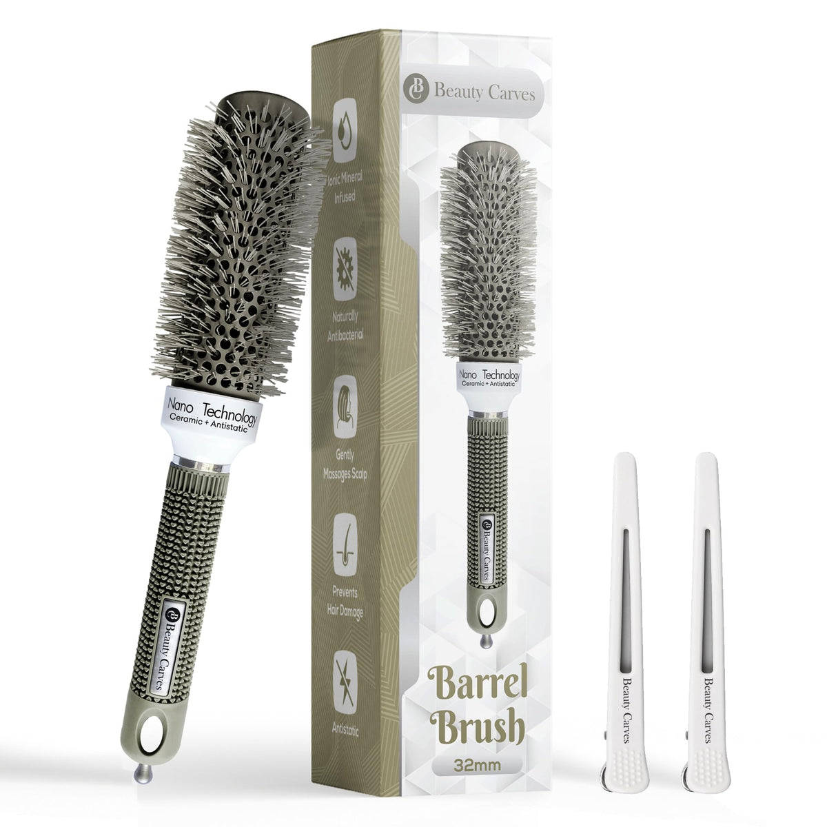 Beauty Carves Round Brush 32 mm/1.3 Inch Barrel with 2 Clips – Round Hair Brush with Flexible Nylon 66 Bristles Nano Ionic Heat Resistant Tech for Professional Curling Styling & Shining Texture