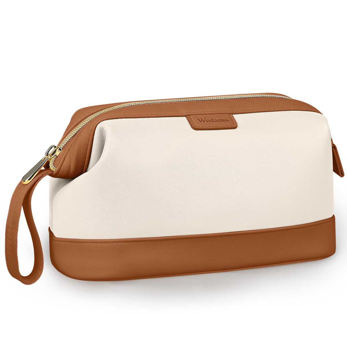 Wedama Makeup Bag Large Capacity Travel Cosmetic Bag PU Leather Makeup Pouch Wide Open Make up Organizer Bag Portable Makeup Case Waterproof Toiletry Bag with Handle for Women Girls Beige