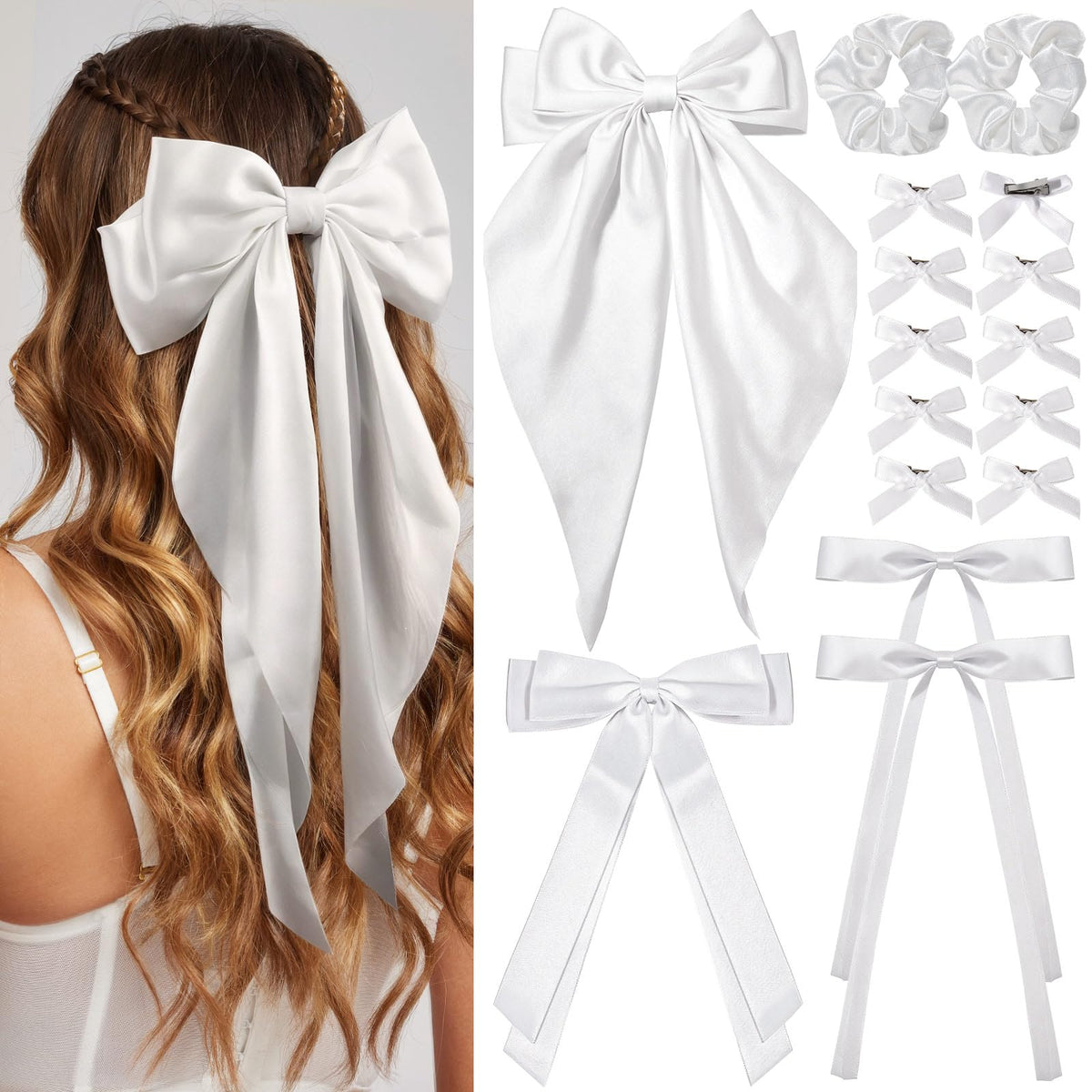 YGDZ 16PCS White Hair Bows Set Oversized Hair Bows Silky Satin Hair Bow Clip Ribbon Hair Bows for Women in Different Sizes with Scrunchies for Girls Hair Accessories for Christmas Wedding