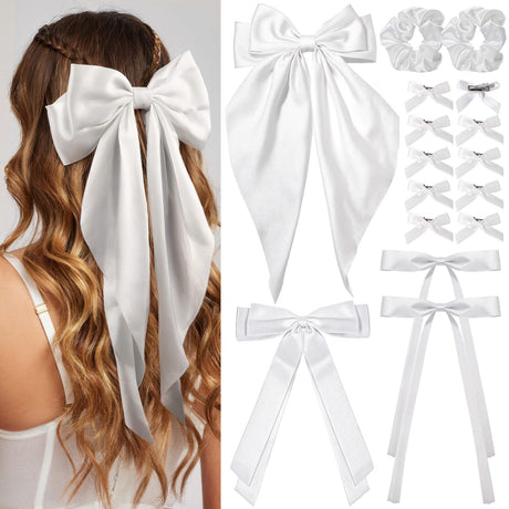 YGDZ 16PCS White Hair Bows Set Oversized Hair Bows Silky Satin Hair Bow Clip Ribbon Hair Bows for Women in Different Sizes with Scrunchies for Girls Hair Accessories for Christmas Wedding