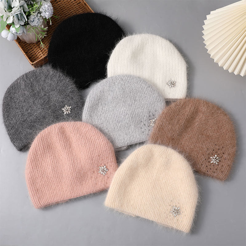 Women's Thick Rabbit Hair Knitted Hat with Rhinestones