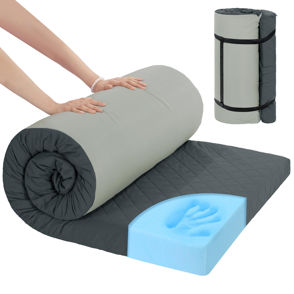 HOMBYS Memory Foam Camping Mattress for Outdoor Sleeping Roll Up Porable Camping Mattress Pad Mat with Quilted Cover for Travel Truck Bed Tent (Dark Grey Small Single-72 x24)