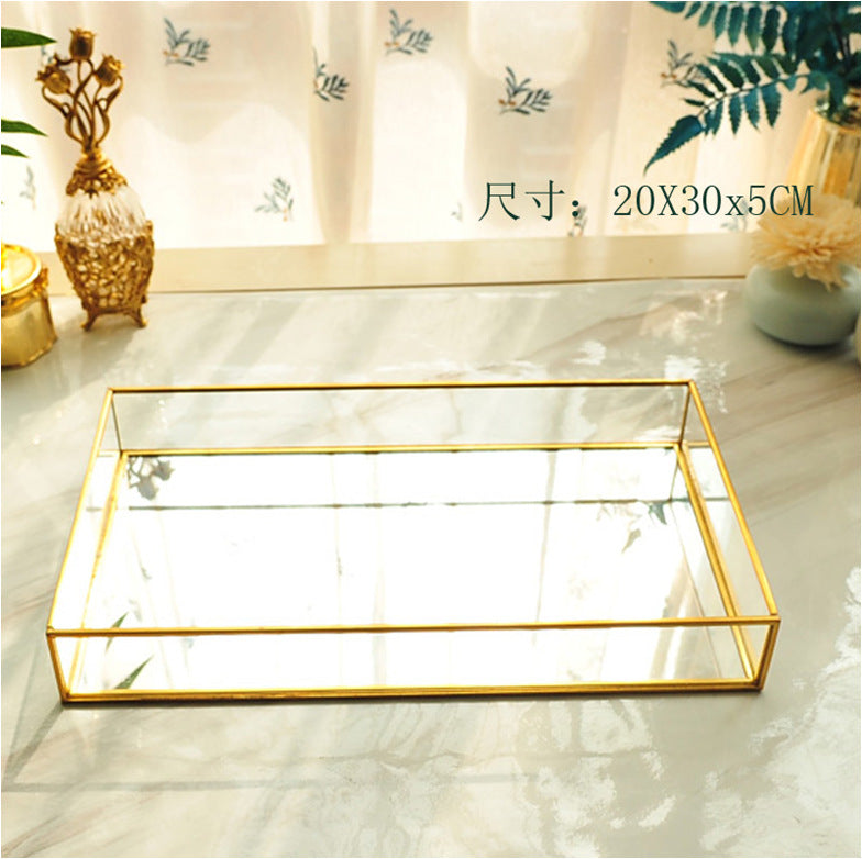 Rectangular Gold Metal Glass Makeup Organizer Tray