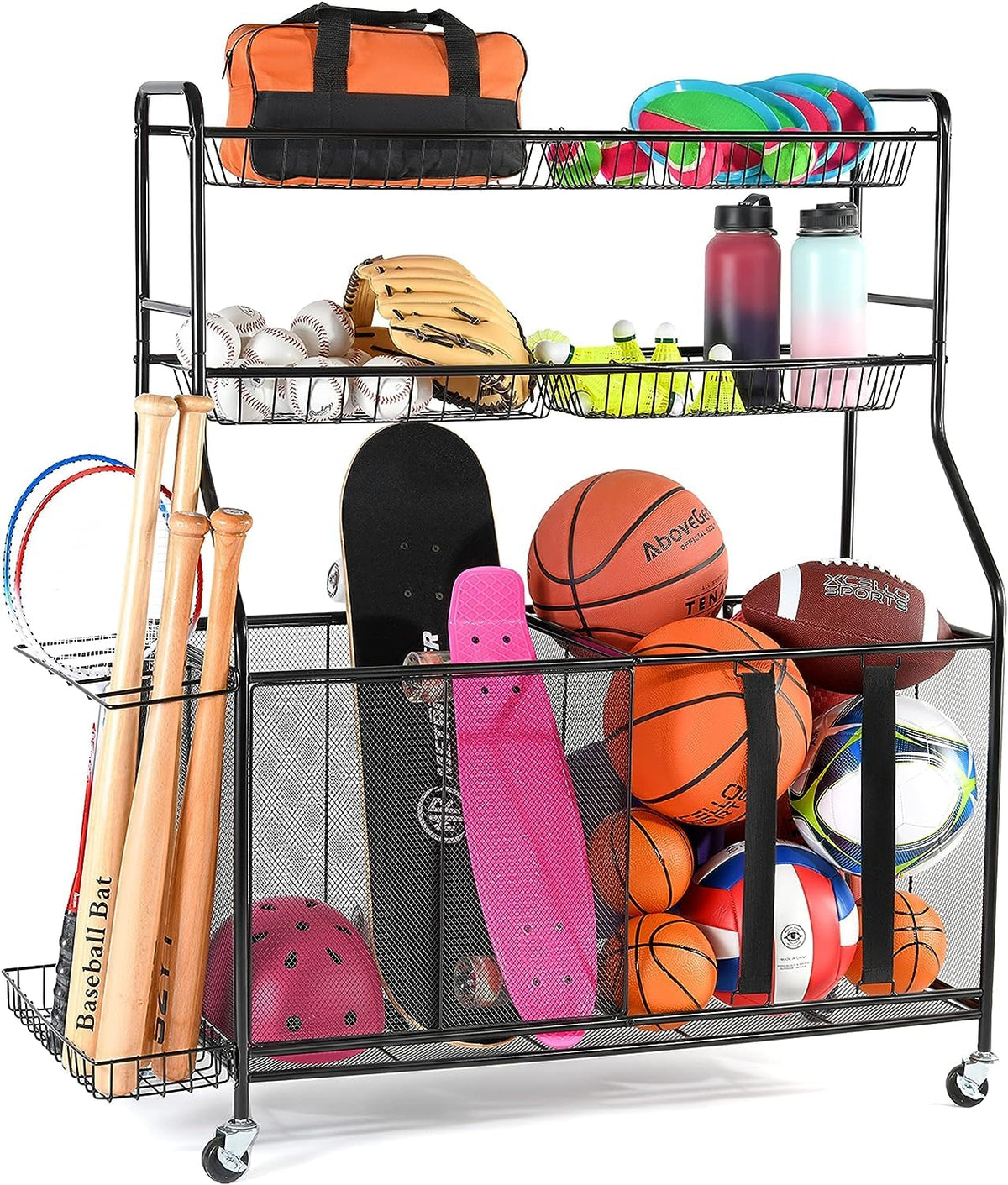 HOME IT Garage Sports Equipment Organizer - Garage Ball Storage Rack Organizer Holder with Baskets Rolling Wheels & Breaks - Large Capacity Heavy Duty Steel Ball Storage Cart
