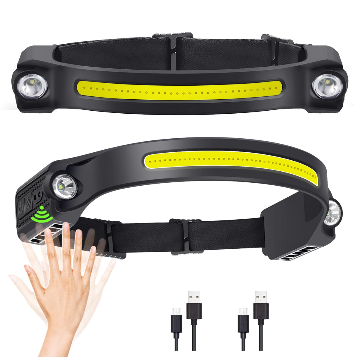 LED Headlamp Rechargeable Bright 2 XPE LED & COB LED Head Lamp 260° Wide Beam Headlight Waterproof Flashlight Motion Sensor 6 Modes Adjustable Headband for Outdoor Running Camping Hiking Fishing