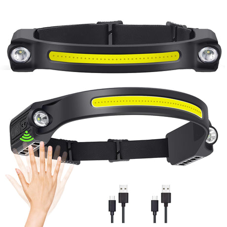 LED Headlamp Rechargeable Bright 2 XPE LED & COB LED Head Lamp 260° Wide Beam Headlight Waterproof Flashlight Motion Sensor 6 Modes Adjustable Headband for Outdoor Running Camping Hiking Fishing