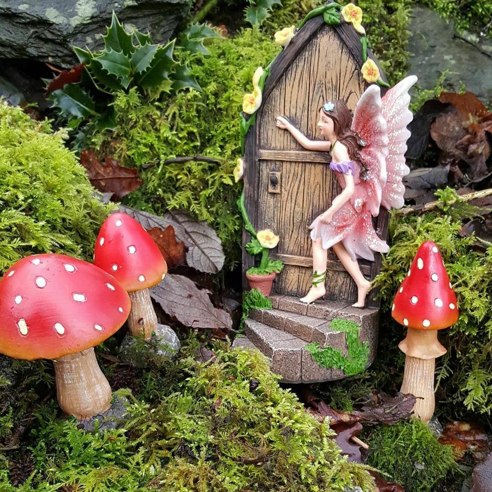 Miniature Fairy Knocking Door Statue for Garden Decor