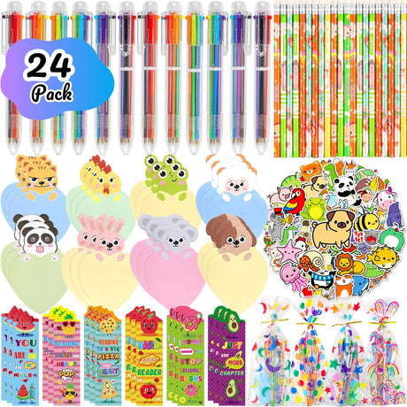 Multicolor Pen Party Favors 24Pack School Stationery Set with 6-in-1 Multicolor Ballpoint Pens Pencils Sticky Notes Stickers Motivational Bookmarks for Goodie Bags Birthday Classroom Gifts Rewards