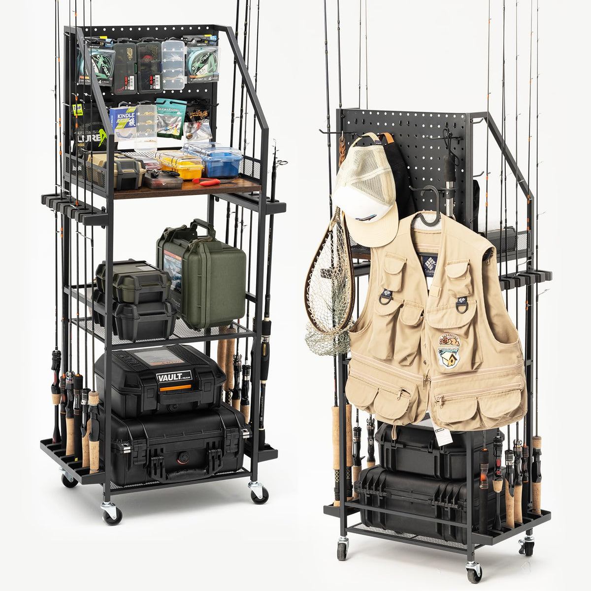 SOYEEZE Fishing Rod Holders for GarageFishing Gear Storage and Organization for Tackle Box and Fishing ReelsFishing Pole Holders for Fishing Equipment with Pegboard and Wheels