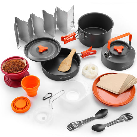 Wesqunie 20Pcs Camp Cooking Cookware Utensils Set - Backpacking Portable Kitchen Mess Kit with Camping Pot Pan Tea Kettle Coffee Filter Camping Essentials Accessories for Hiking Camping Outdoor
