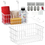 JUNCHU CHERRY Over the Cabinet Door Organizer 2 Pack Wall Mount Storage BasketHanging Storage Wire Basket Grid Storage Bin Basket with 2 Different Functional Hooks for KitchenBathroomCabinet