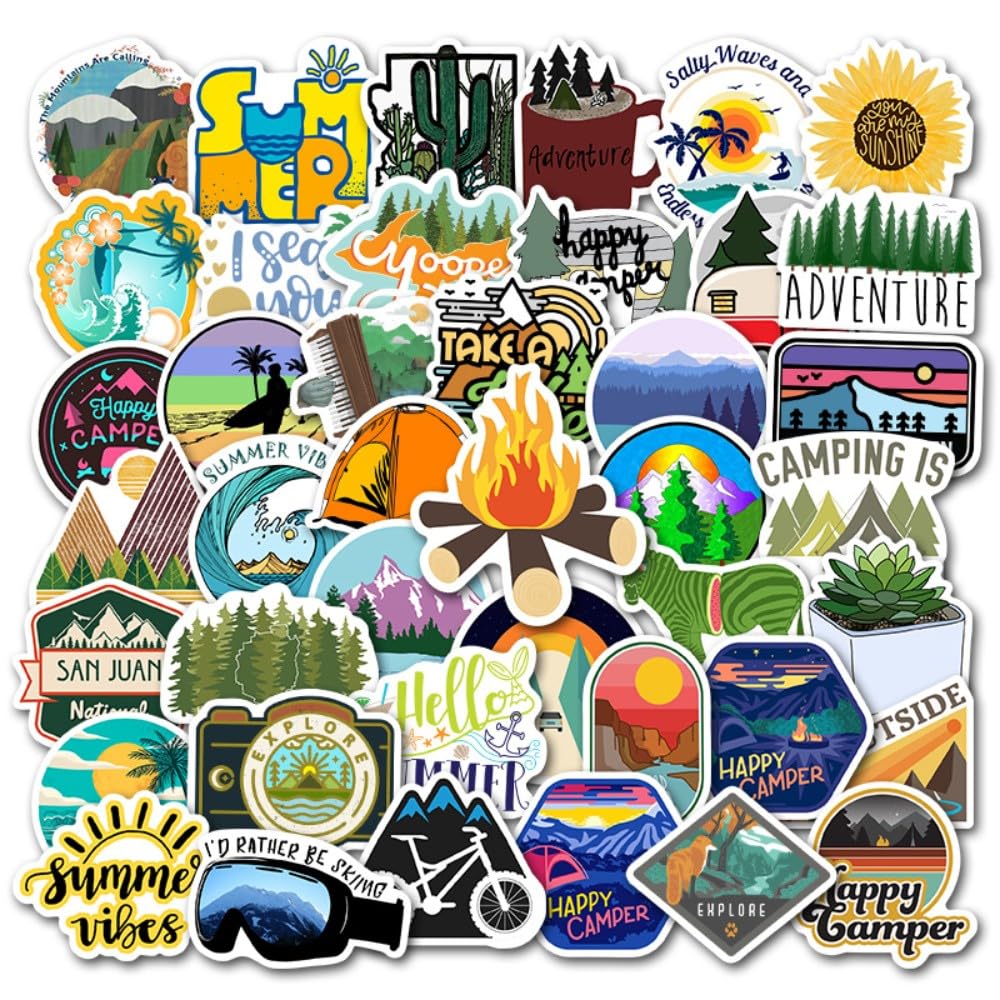 Outdoor Camping Stickers Adventure Hiking Sticker 50PCS Hapiuen Waterproof Vinyl Stickers for Water Bottle Laptop for Adults Teens Camper(Camping)
