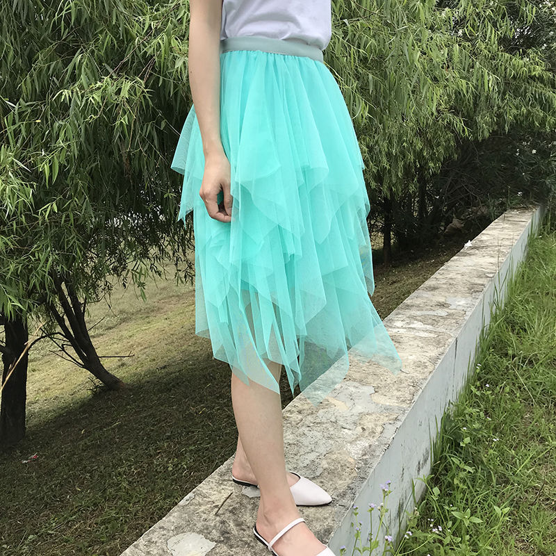 High Waist Irregular Mesh A-Line Puff Skirt for Women