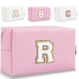 HENGNI Small Personalized Letter Makeup Bag Cute PU Leather Chenille Letters Cosmetic Bag Travel Makeup Bag Preppy Makeup Pouch Travel Organizer Zipper Pouch Organizer for Women and Girls(Pink-R)