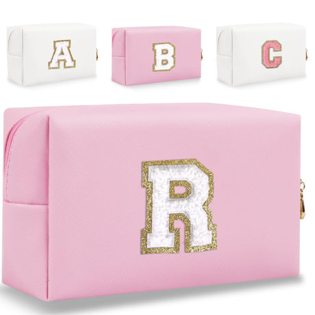 HENGNI Small Personalized Letter Makeup Bag Cute PU Leather Chenille Letters Cosmetic Bag Travel Makeup Bag Preppy Makeup Pouch Travel Organizer Zipper Pouch Organizer for Women and Girls(Pink-R)