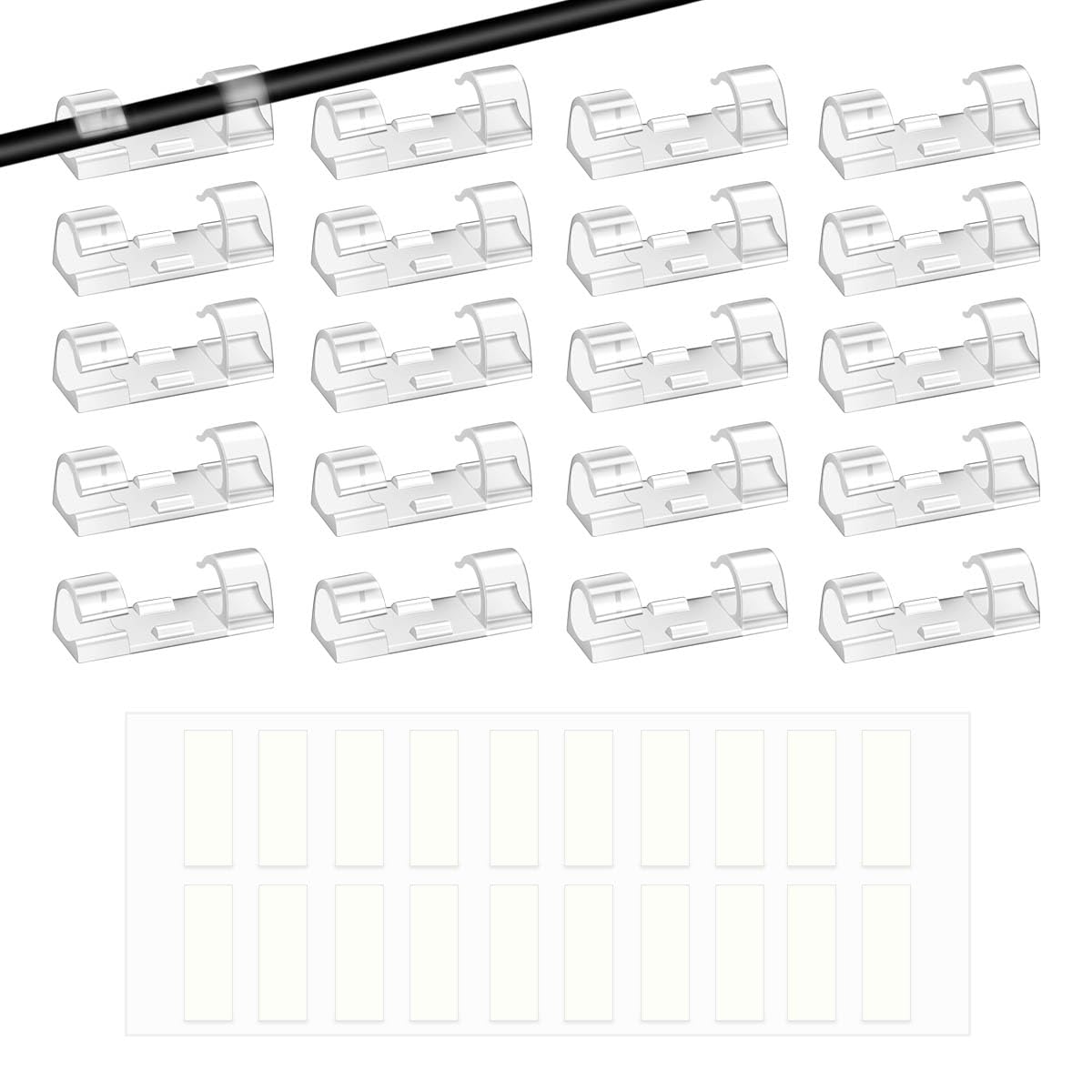 20 Pcs Adhesive Cable Clips Clear Wire Organizer Cable Management Cord and Wire Holder for Wall Desk Car PC Christmas Light Cable Clips with Strong Self-Adhesive Wires Clamp for Office Home (Clear)