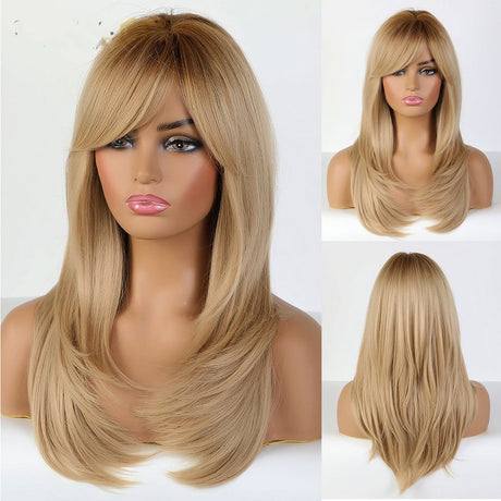 Gradient Golden Long Straight Hair with Bangs