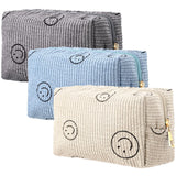 Photect 3 Pcs Corduroy Cosmetic Bag Smile Face Aesthetic Preppy Pouch Travel Makeup Bags for Christmas Women Holiday Organizer Gifts(ClassicBeige Gray Blue)