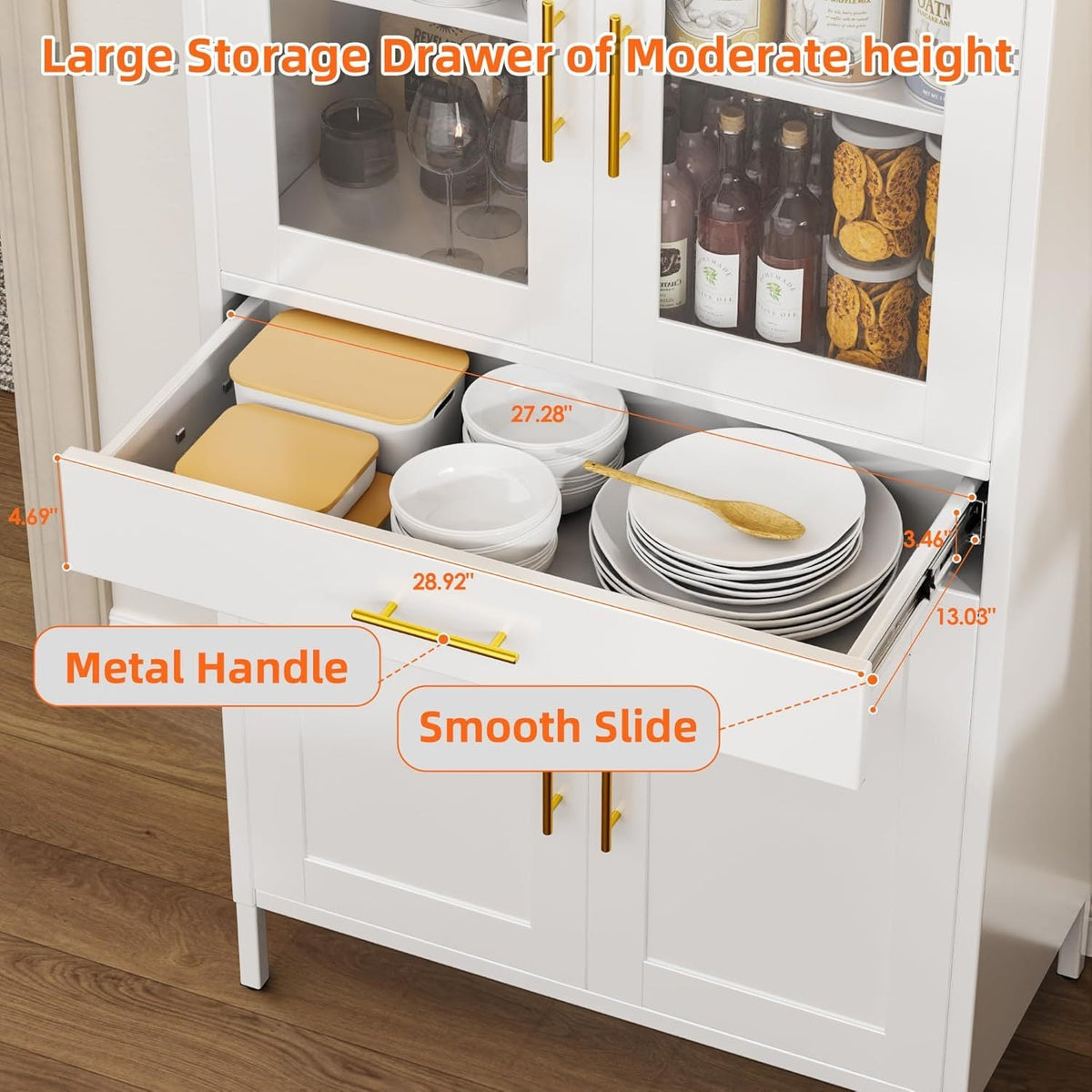 Tall Metal Arched Display Cabinet, Arch Kitchen Pantry Storage Organizer With Doors Shelves Drawers, Modern Freestanding Bookcase For Home Office Bar Living Room White