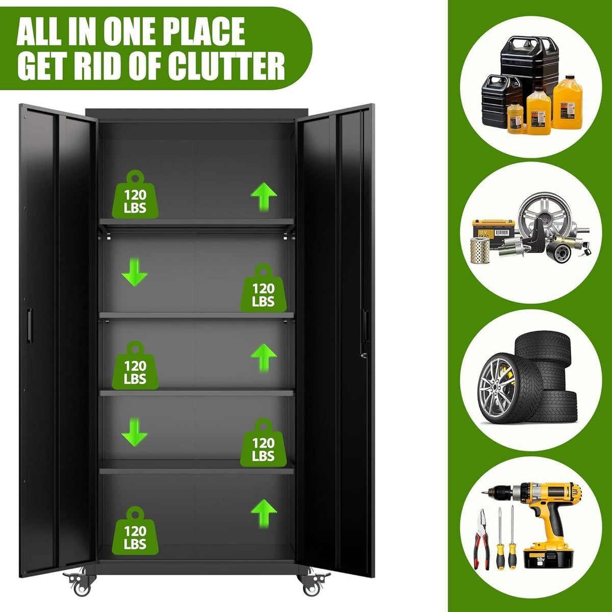 Garage Storage Cabinet With Optional Wheels, Metal Lockable File Cabinet With 2 Doors And 4 Adjustable Shelves,Tool Storage,Home Office Garage,Gym,School Black