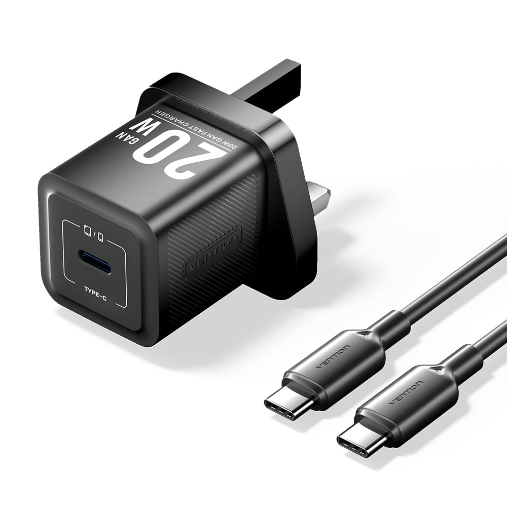 Vention Charger Wall GaN 20W 1xUSBC UK + USB-C 1m Cable Black FEPB0-UK-01