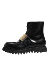 Dolce & Gabbana Black Leather DG Plaque Lace Up Boots Shoes