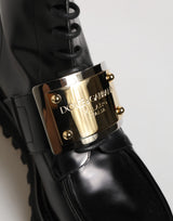 Dolce & Gabbana Black Leather DG Plaque Lace Up Boots Shoes