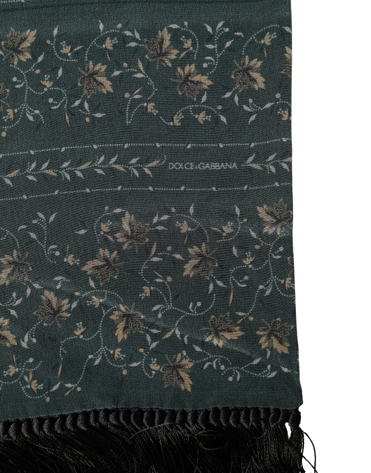 Dolce & Gabbana Green Silk Floral Pattern Fringed 135cm X 16cm  Scarf