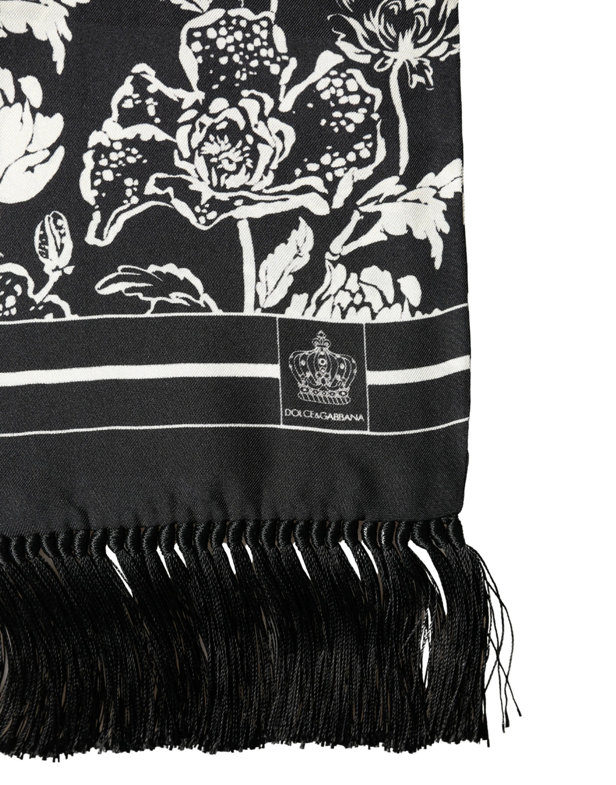 Dolce & Gabbana Black White Silk Floral Print Fringe 136cm X 15.5cm  Scarf