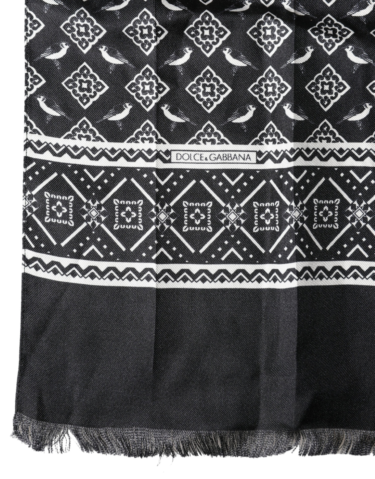 Dolce & Gabbana Black Gray Silk Bird Fringe Wrap Foulard 140cm X 23cm Scarf